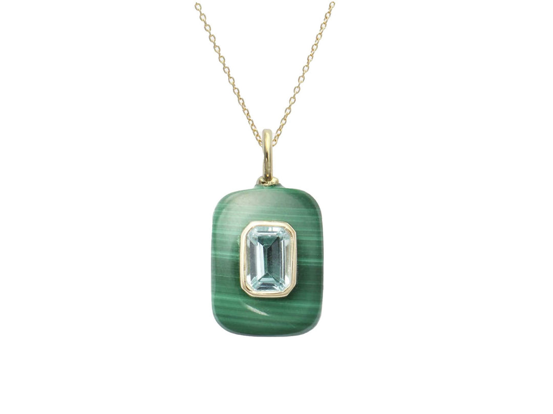Small Rectangular Malachite Charm with Blue Topaz Necklace