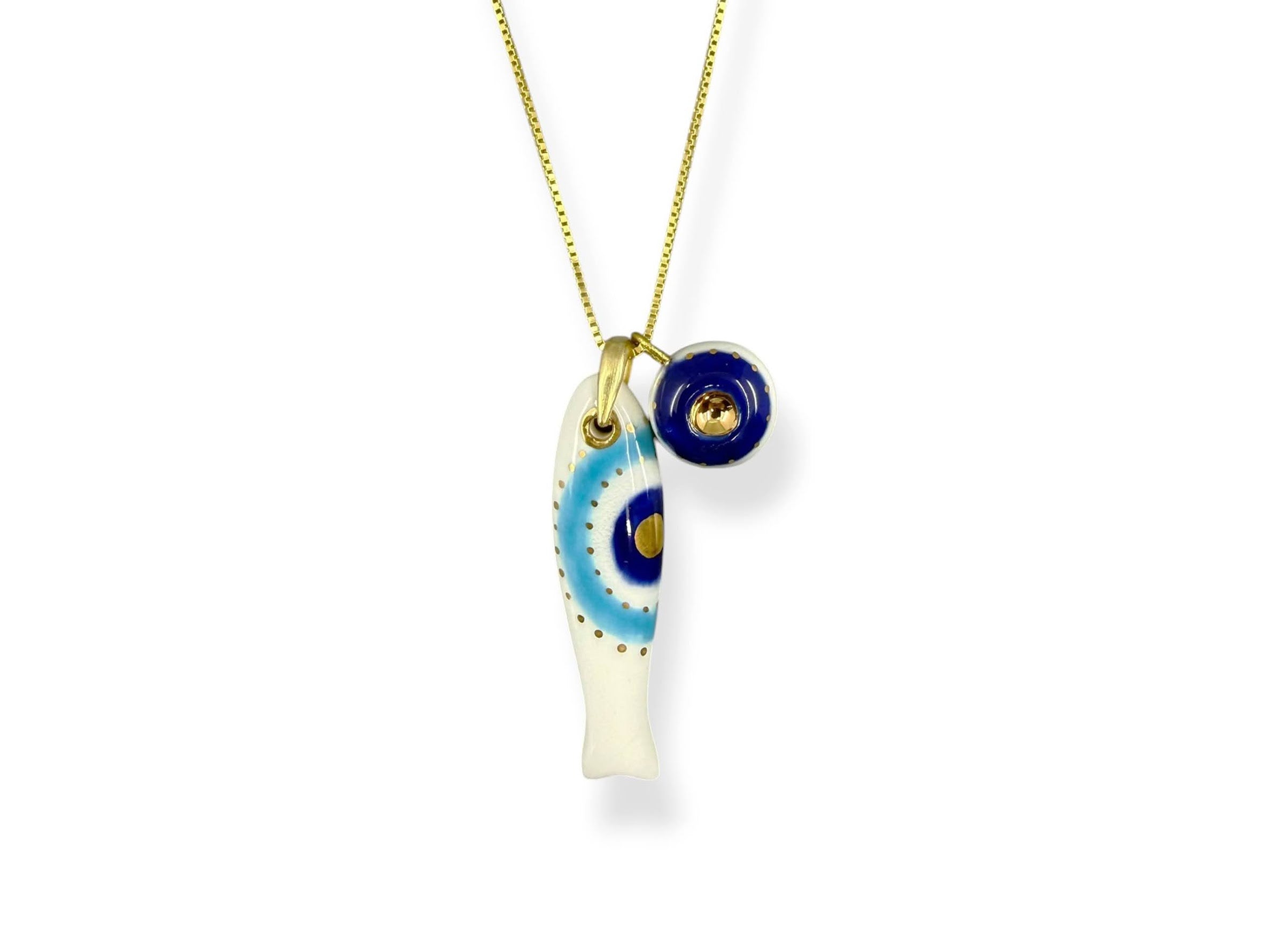 Large Porcelain White Evil Eye Sardine Charm with Evil Eye Charm