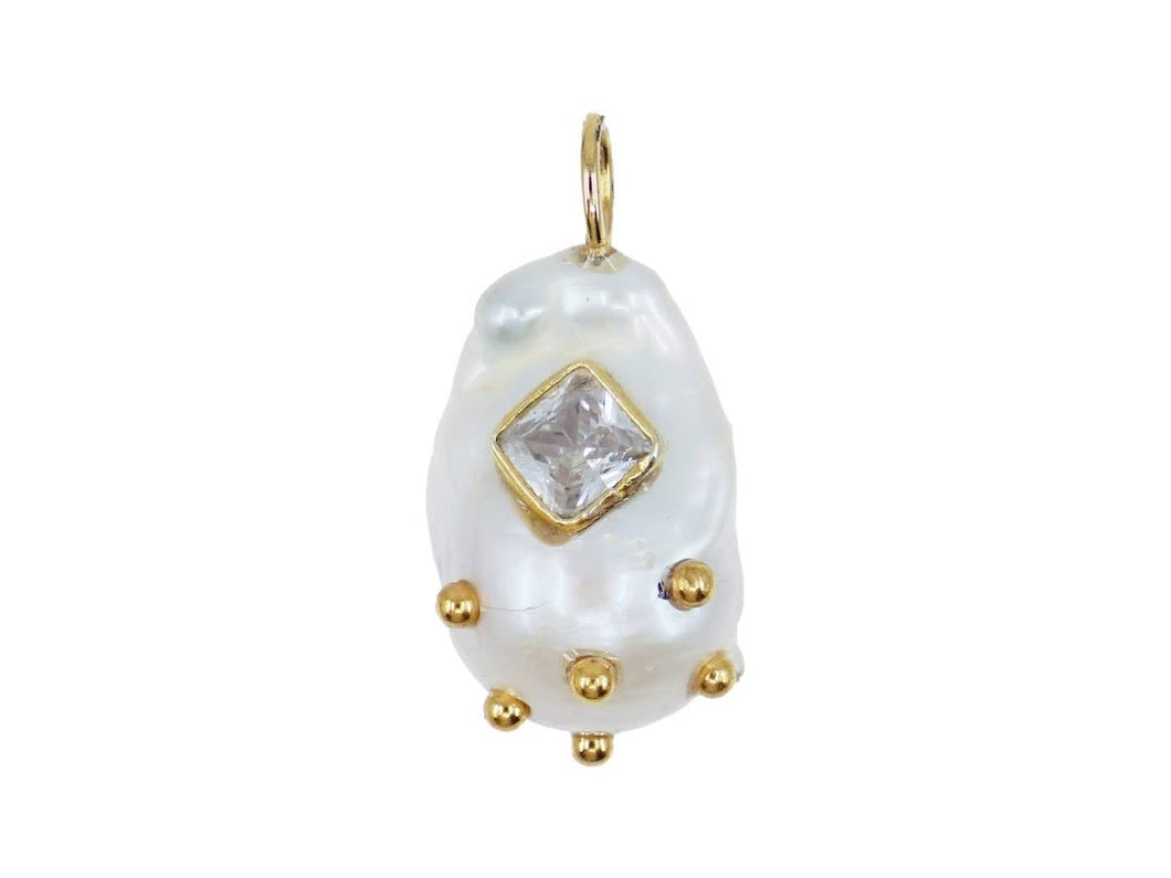 Baroque Pearl Studded Moon Charm with Square White Topaz
