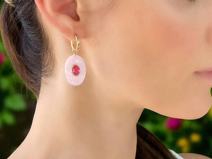 Rose Quartz and Pink Sapphire Oval Huggie Hoops