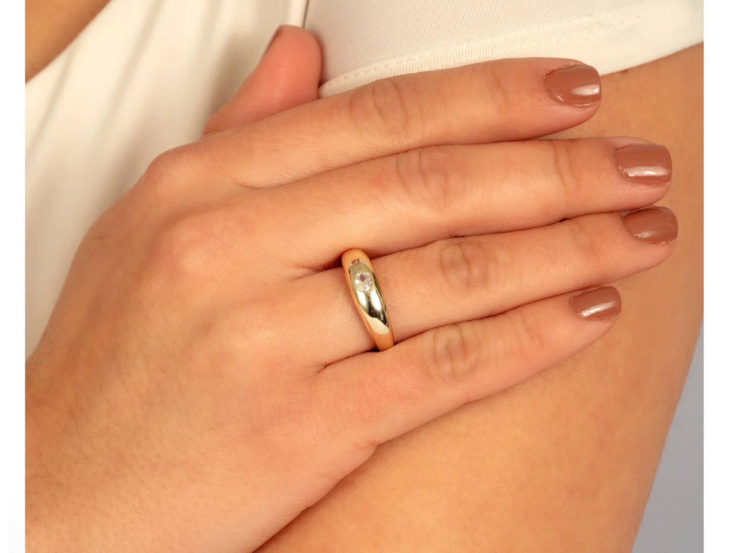 Gold Band Ring with Oval CZ