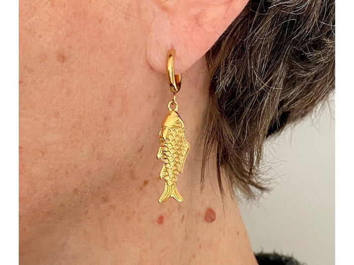Gold Huggie Hoops with Fish Charms