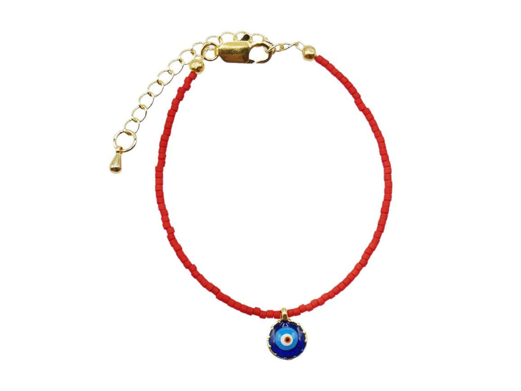 Red Seed Bead Bracelet with Evil Eye Charm