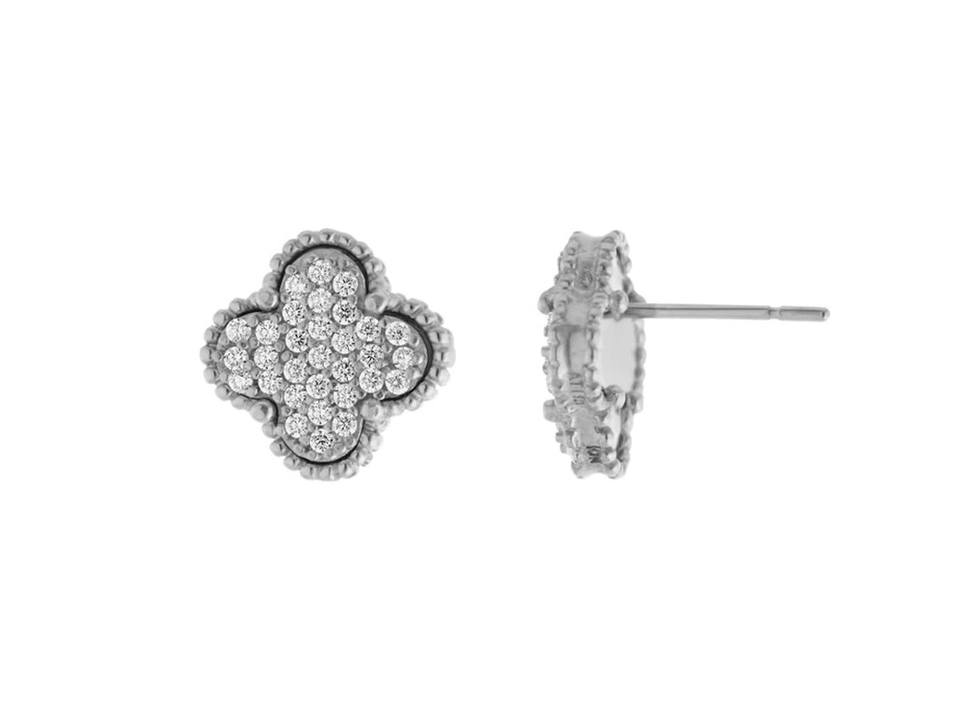 Silver Clover Stud Earrings with CZs