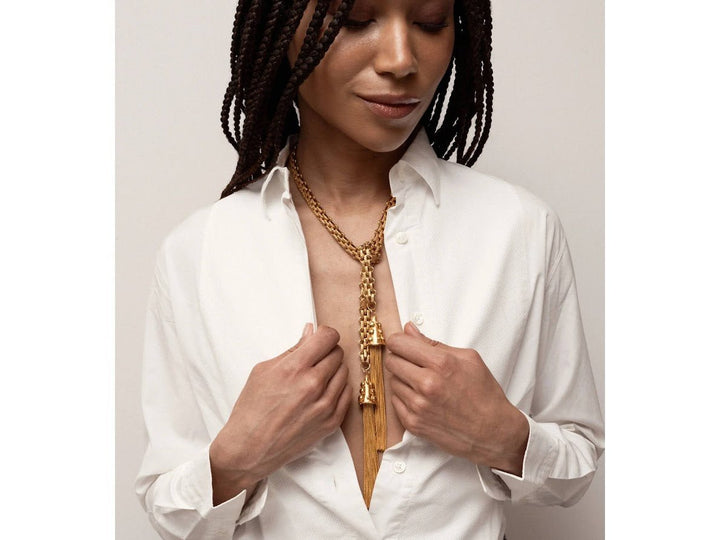 Gold Tie Necklace with Tassels