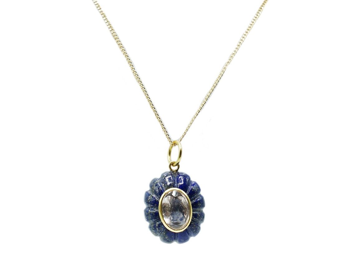 14k Morganite On Carved Lapis Pendant