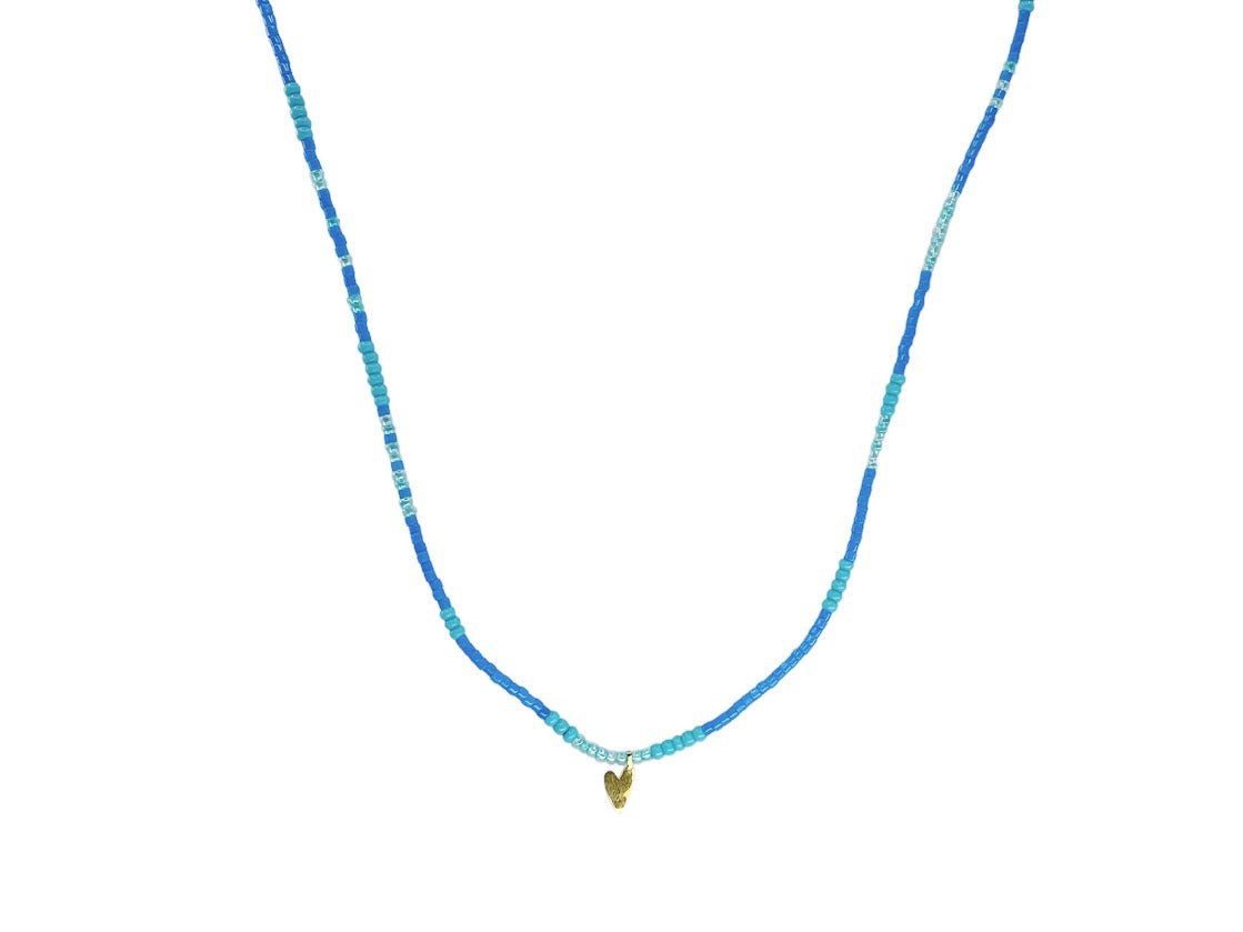 Blue and Aqua Beaded Necklace with Heart Charm
