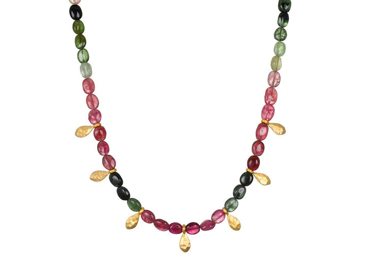 Multicolor Tourmaline Necklace with Golden Petals