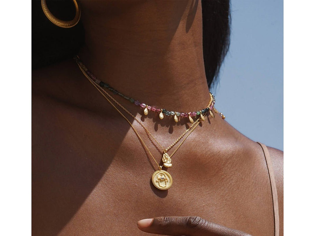 Multicolor Tourmaline Necklace with Golden Petals