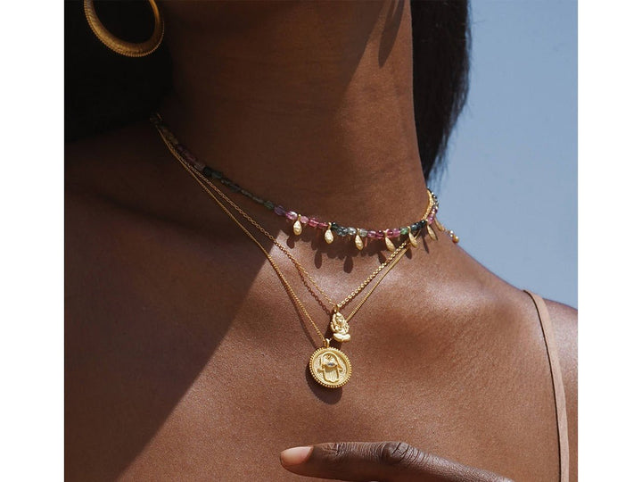 Multicolor Tourmaline Necklace with Golden Petals