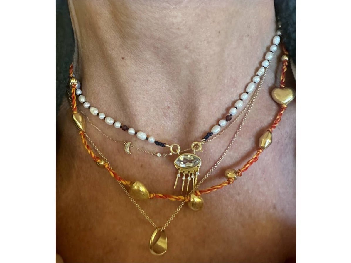 Red and Yellow Beaded Necklace with Various Charms