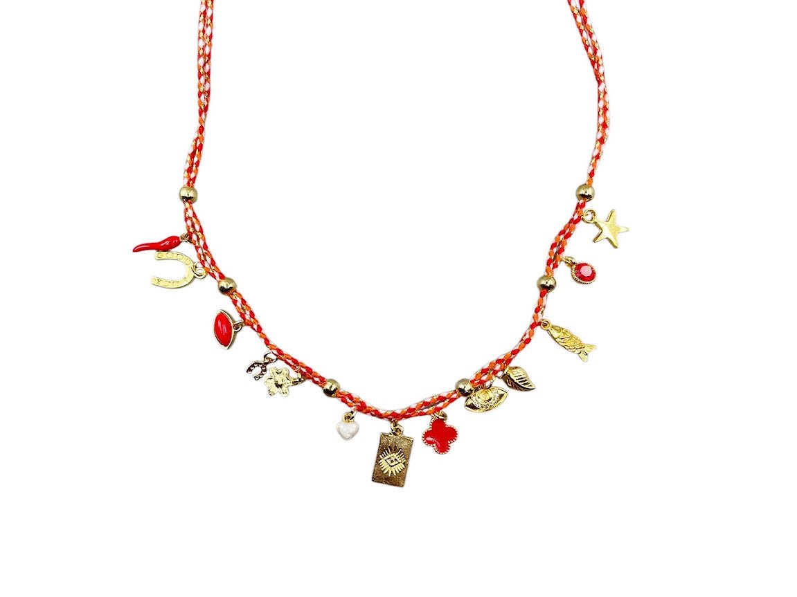 Red and White Multi Charm Necklace