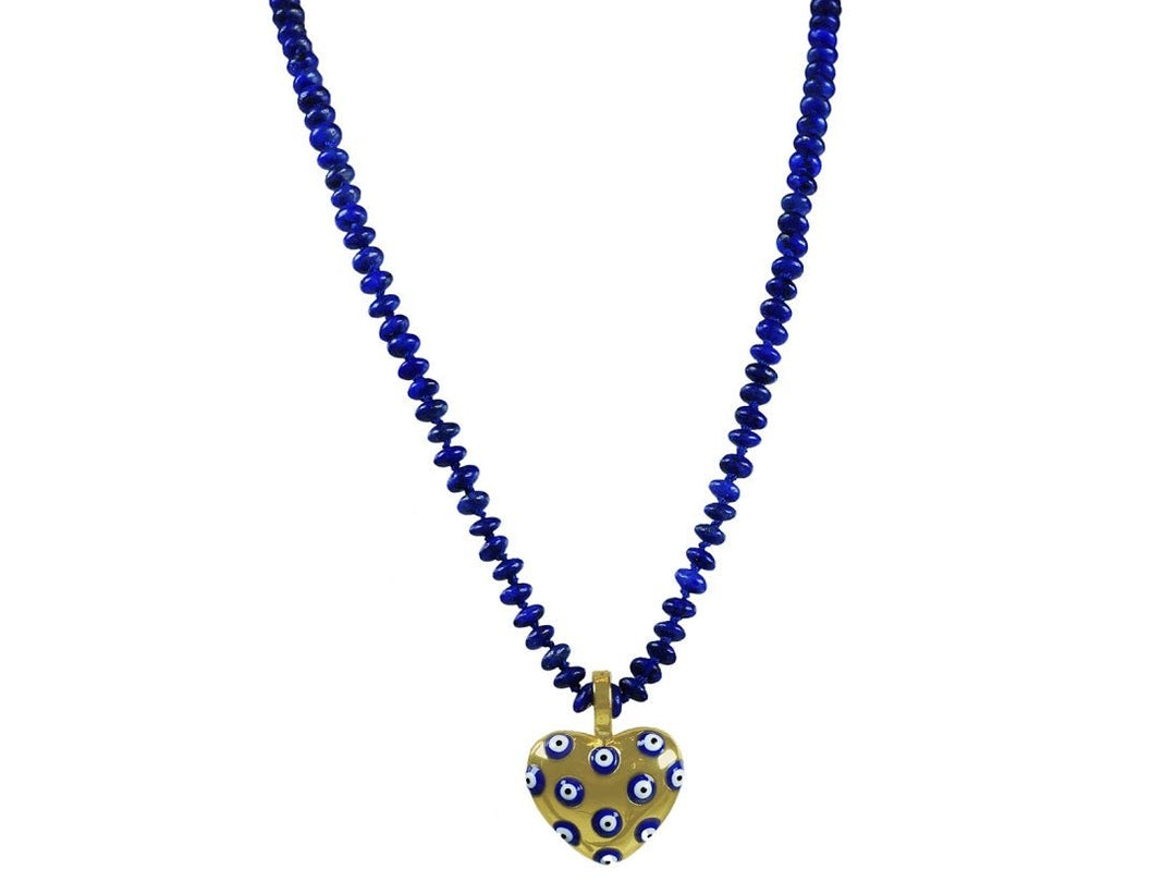 Lapis Necklace with Gold  Evil Eye Heart