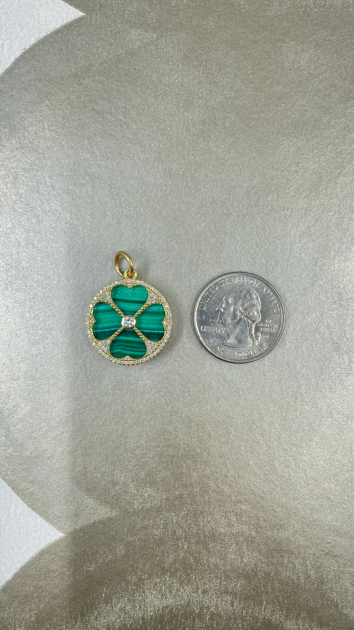 14k Large Malachite and Diamond Clover Charm