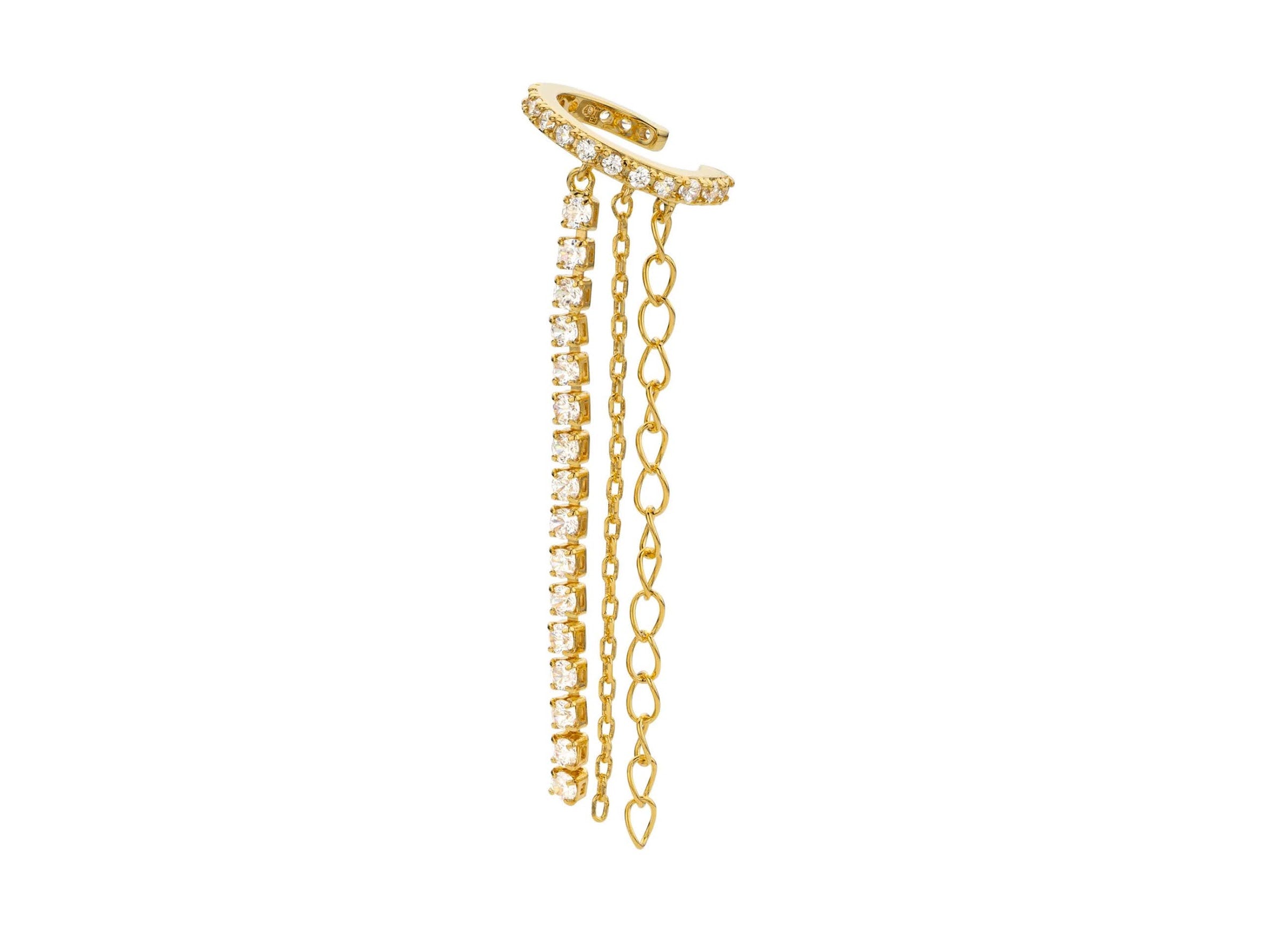 Gold CZ Ear Cuff with Dangling Chains and CZs