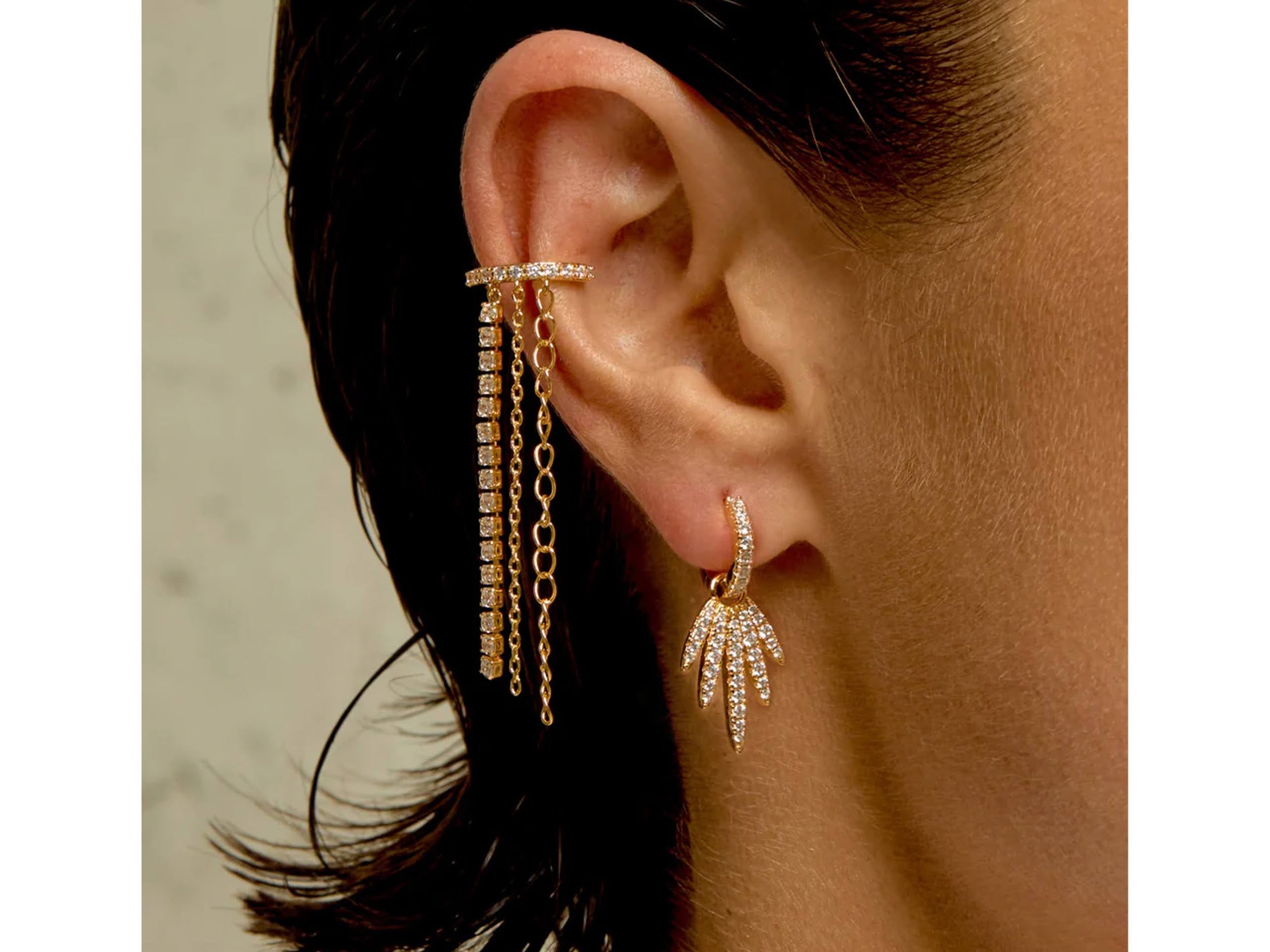 Gold CZ Ear Cuff with Dangling Chains and CZs