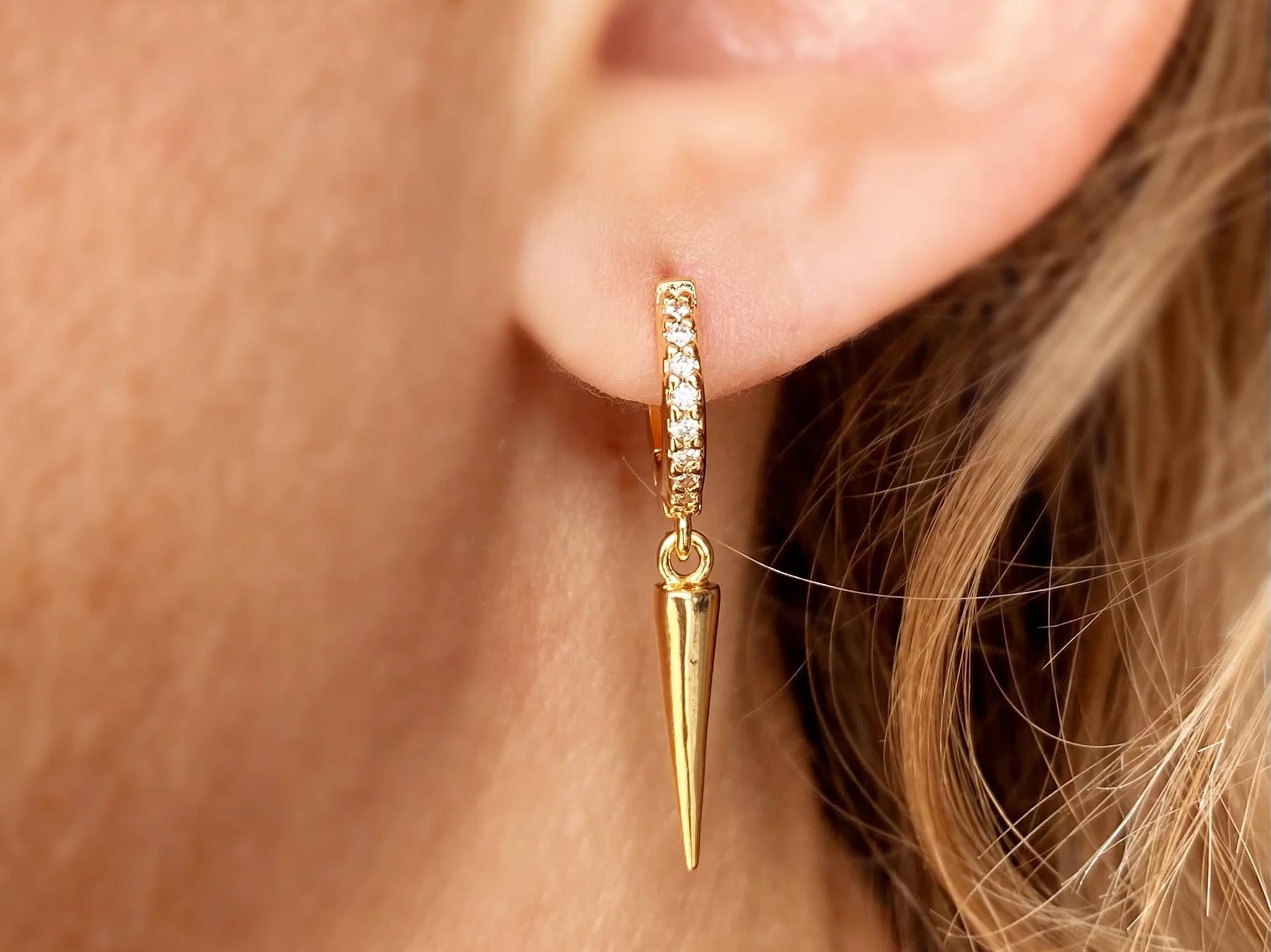 Gold Hoop Earrings with Spike Drops and CZs