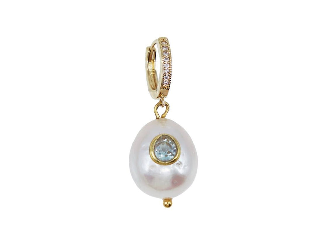 Round Pearl Earring with CZs and Blue Topaz