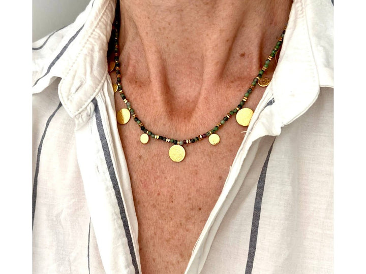 Zoisite and Gold Bead Necklace with Coins