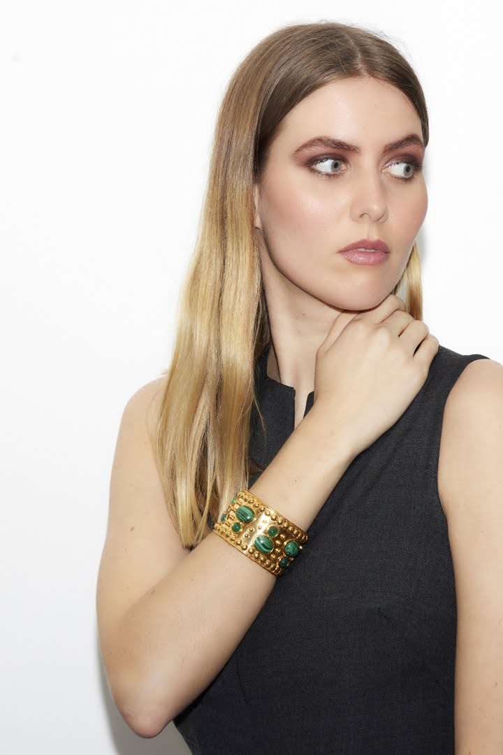 Gold Beaded Cuff with Malachite and Green Onyx