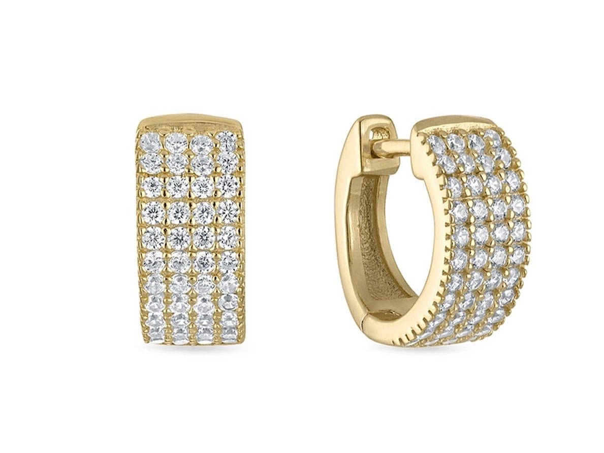 Gold Wide Pave CZ Huggie Hoop Earrings