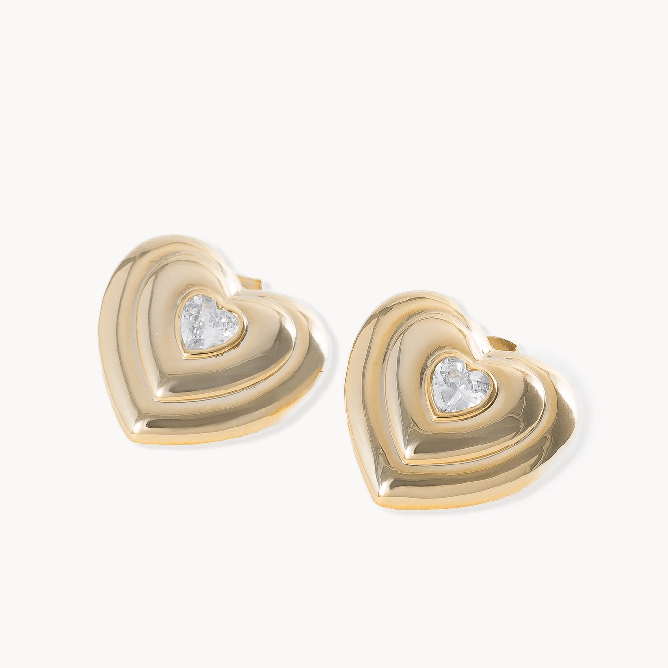 Gold Triple Ridged Heart Stud Earrings with CZs