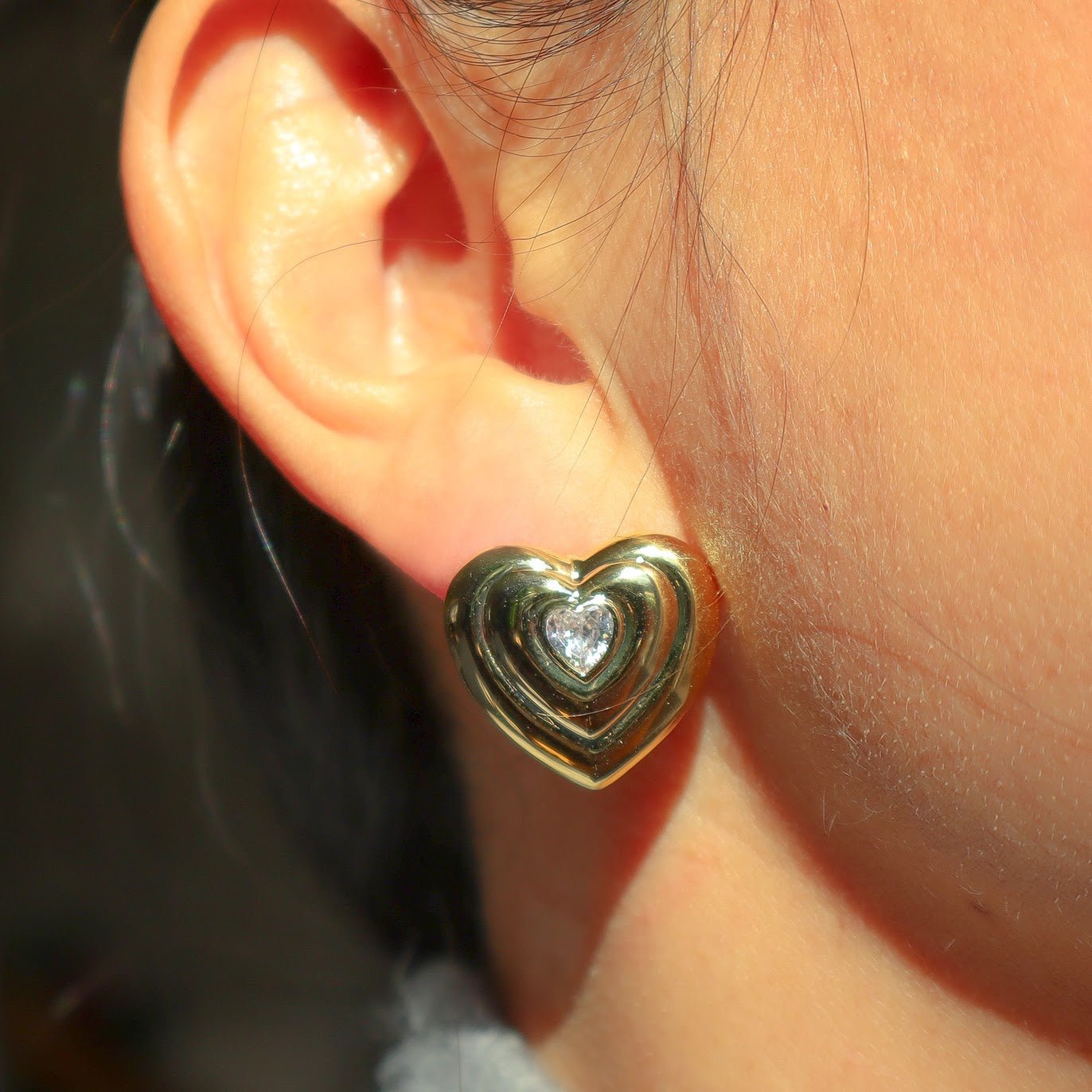 Gold Triple Ridged Heart Stud Earrings with CZs