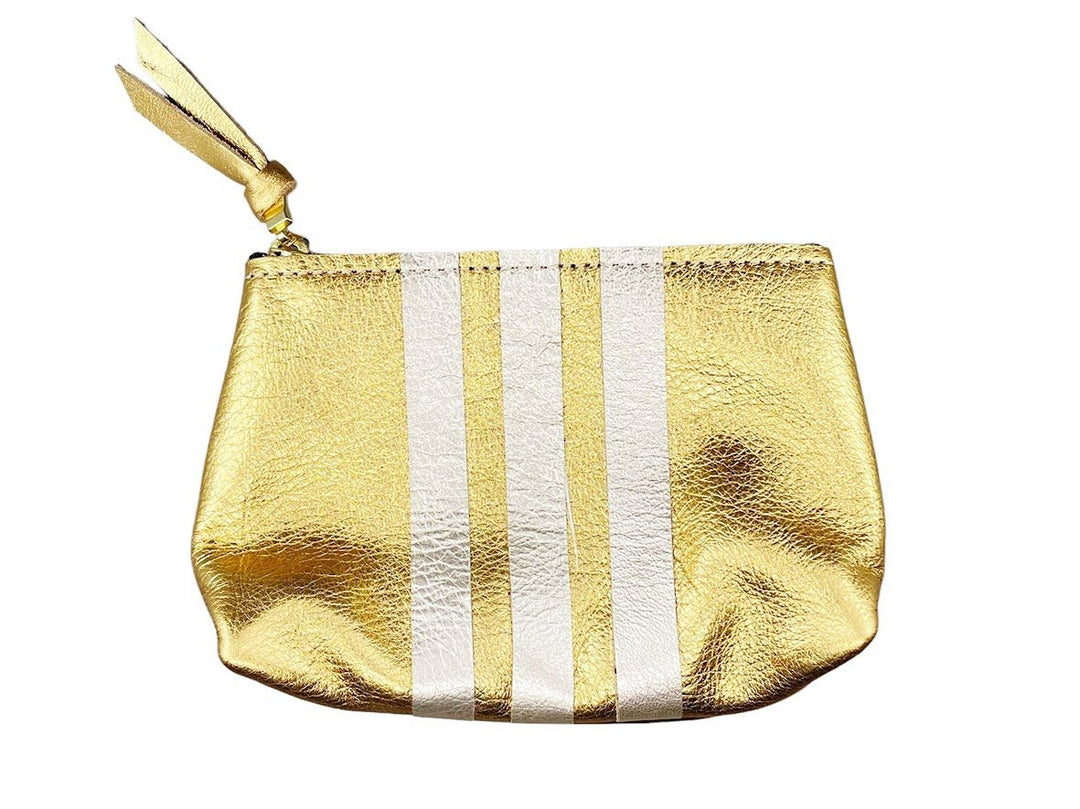 Gold Metallic Leather Makeup Clutch with 3 Platinum Stripes