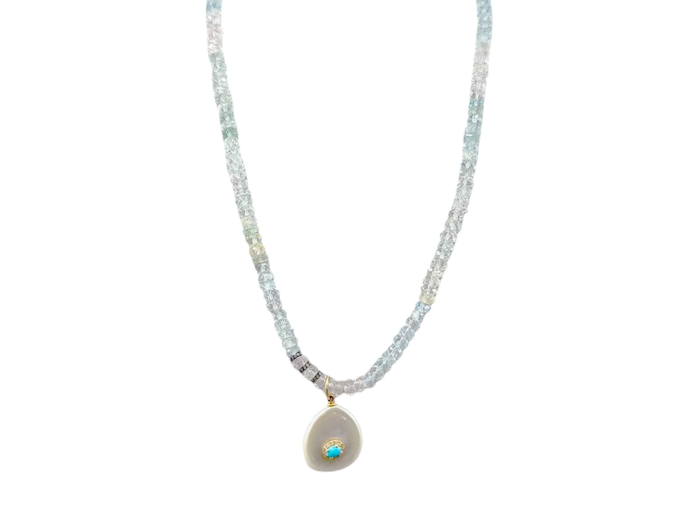 18k Aquamarine Necklace with Pearl and Diamond Charm