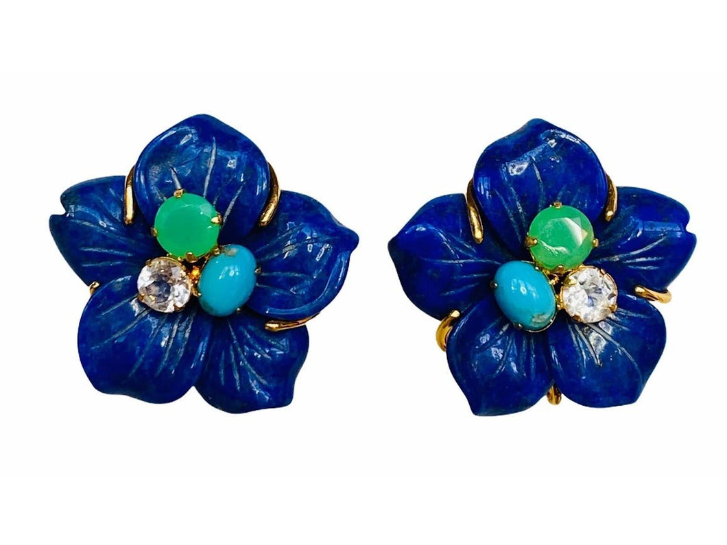 Lapis Flower Earrings with Chrysoprase, Turquoise, and Clear Quartz