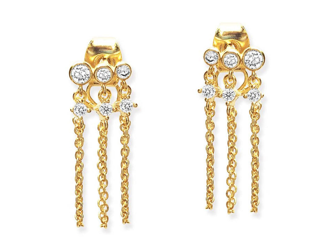 Gold Triple Chain Dangle Earrings with CZs
