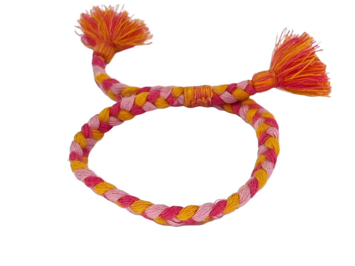 Pink and Orange Woven Bracelet with Tassels.