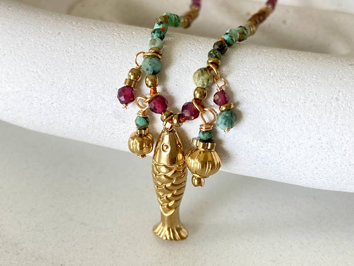 Gemstone Necklace with Fish and Bulb Charms