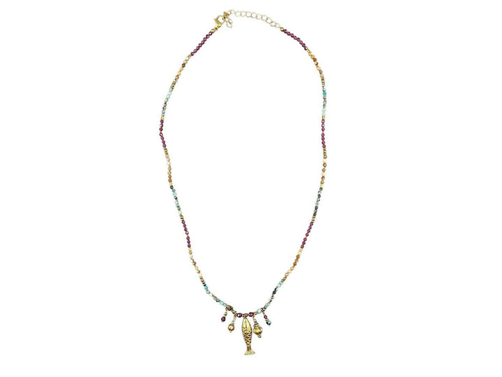 Gemstone Necklace with Fish and Bulb Charms