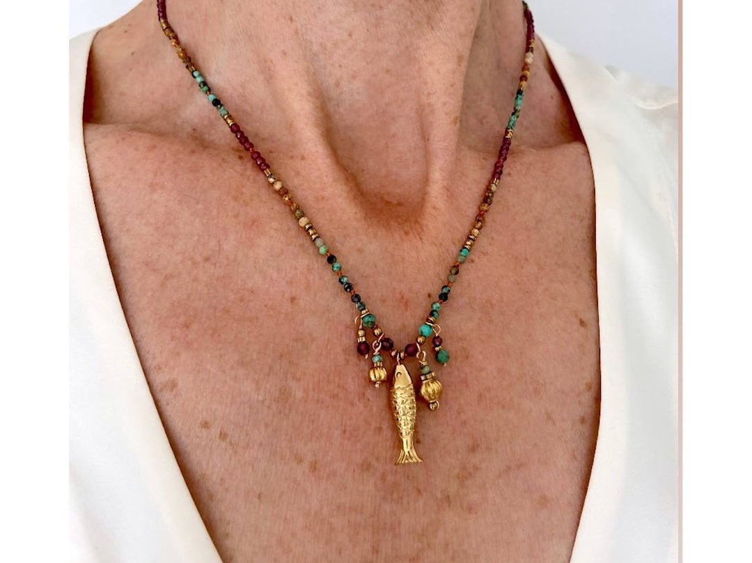 Gemstone Necklace with Fish and Bulb Charms