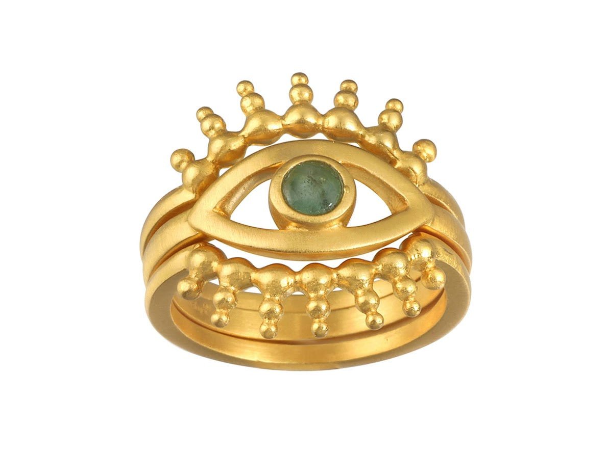 Gold Radial Evil Eye Ring with Emerald.