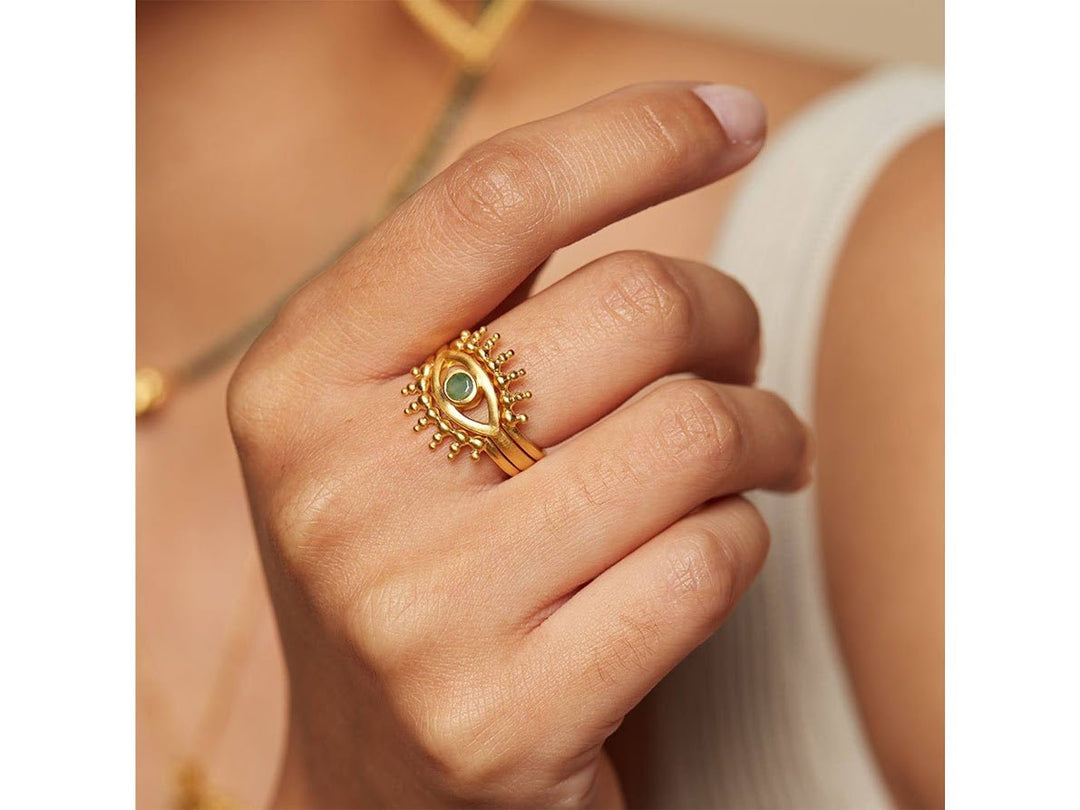 Gold Radial Evil Eye Ring with Emerald