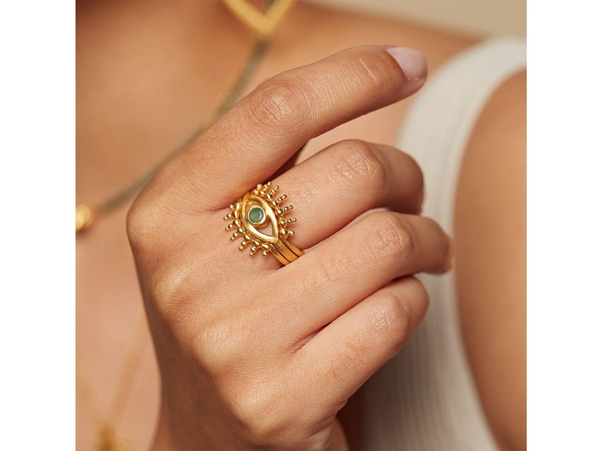 Gold Radial Evil Eye Ring with Emerald.