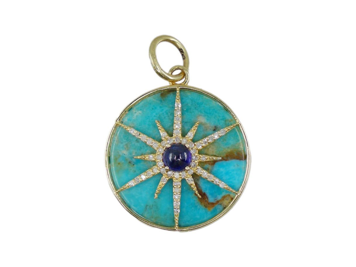 14k Turquoise Pendant with Sapphire and Diamonds