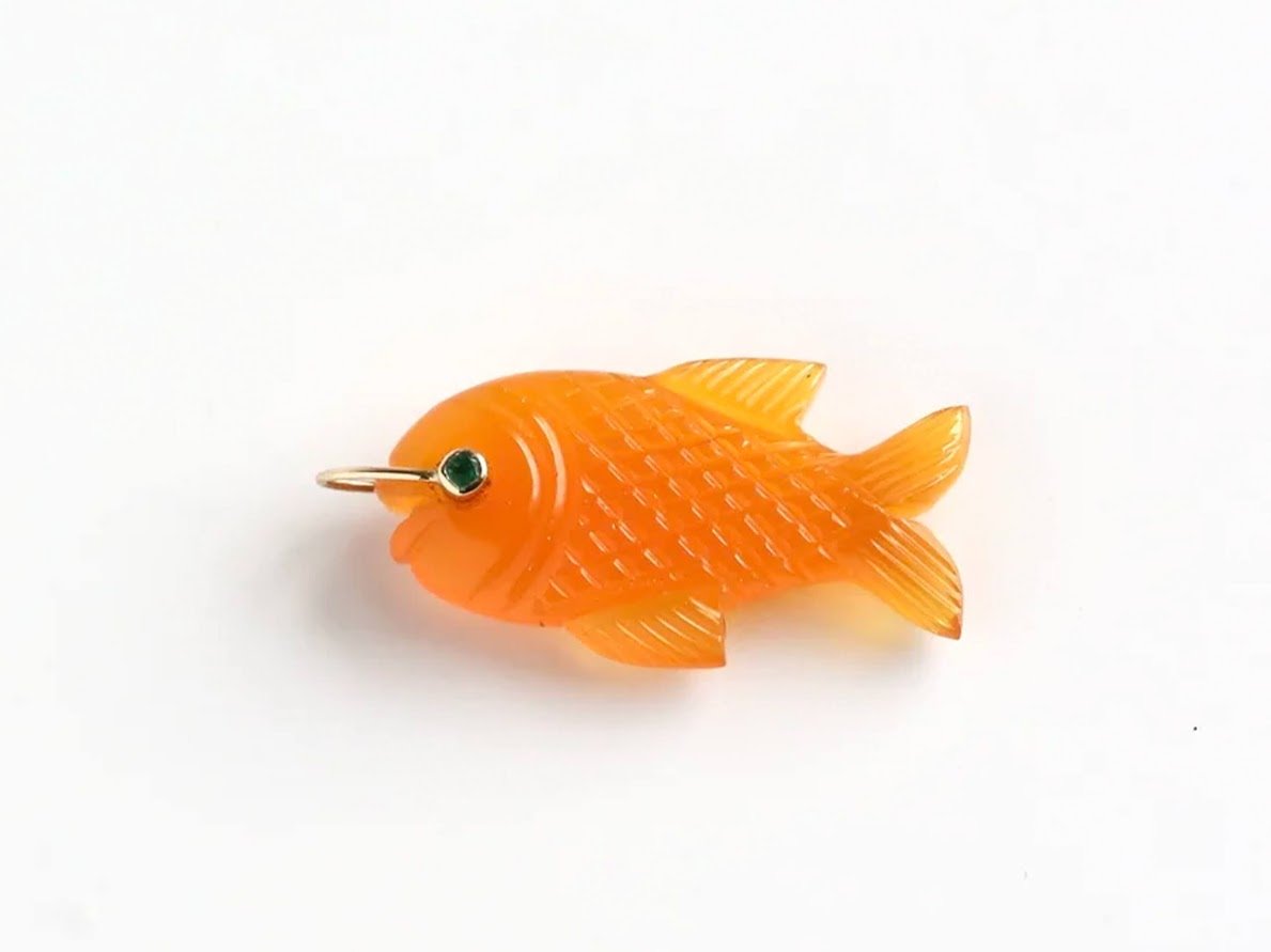 14k Handcrafted Orange Carnelian Fish Charm with Fins and Green Tourmaline Eye