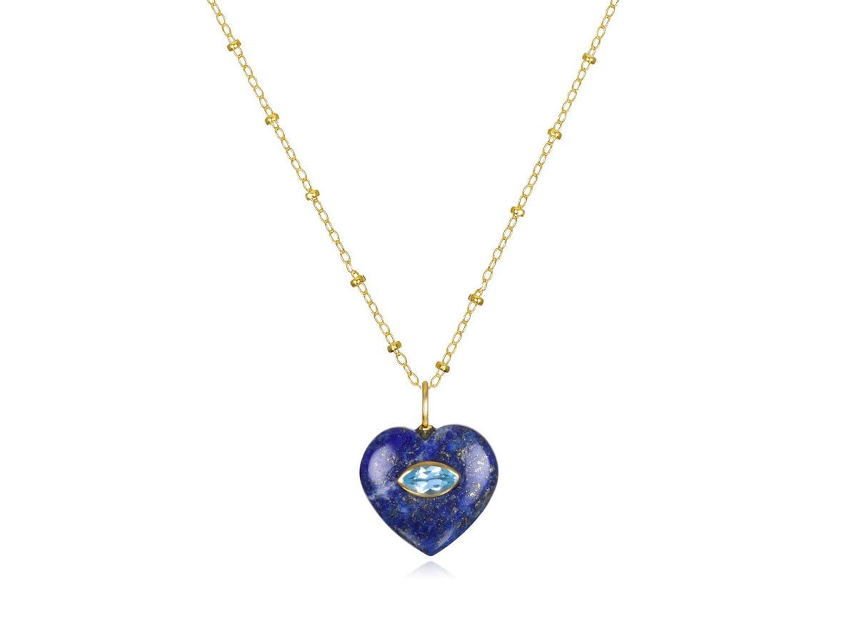 Lapis Heart with Blue Topaz Heart Charm Necklace
