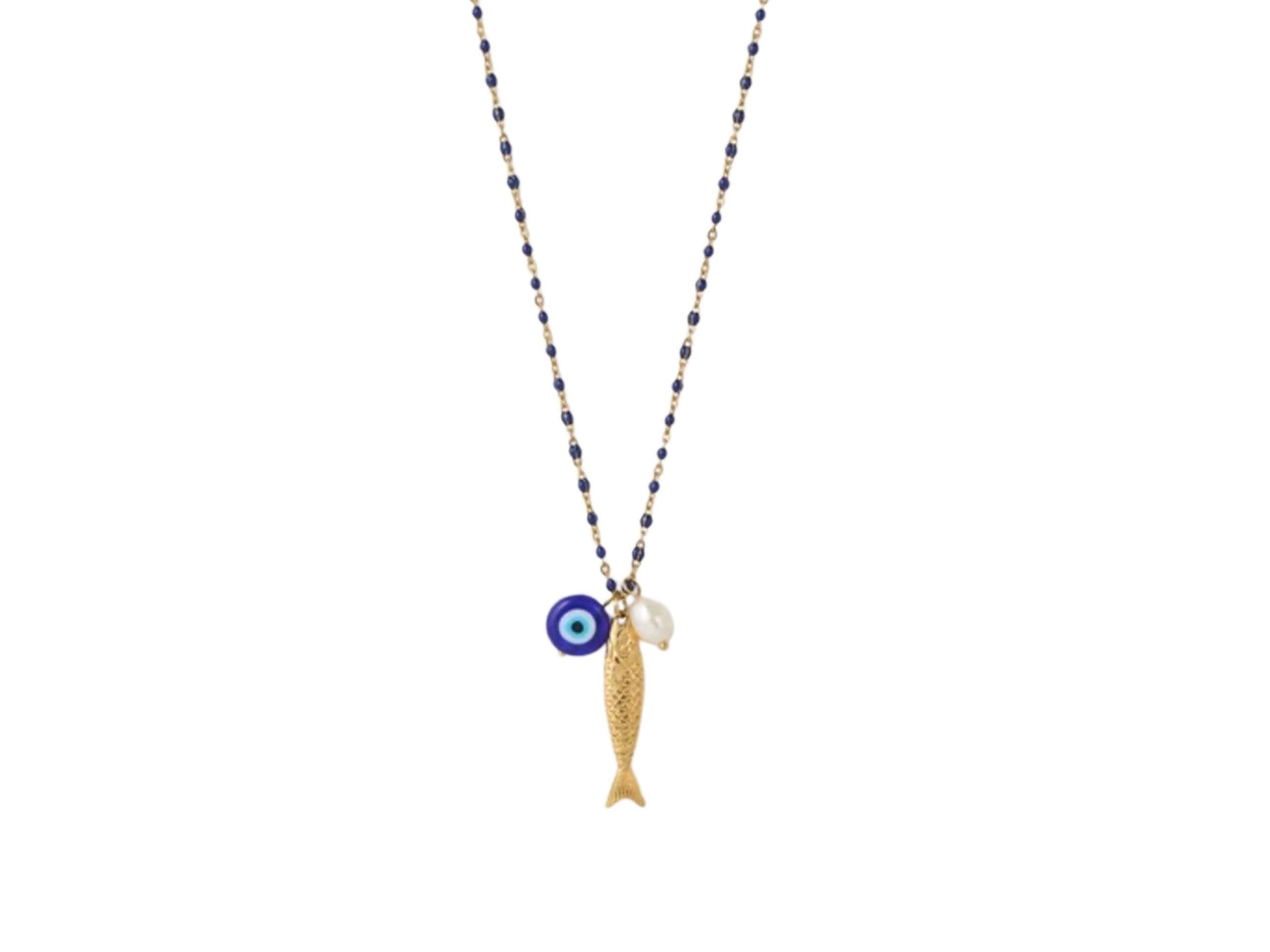 Gold Fish and Blue Evil Eye Charm Necklace