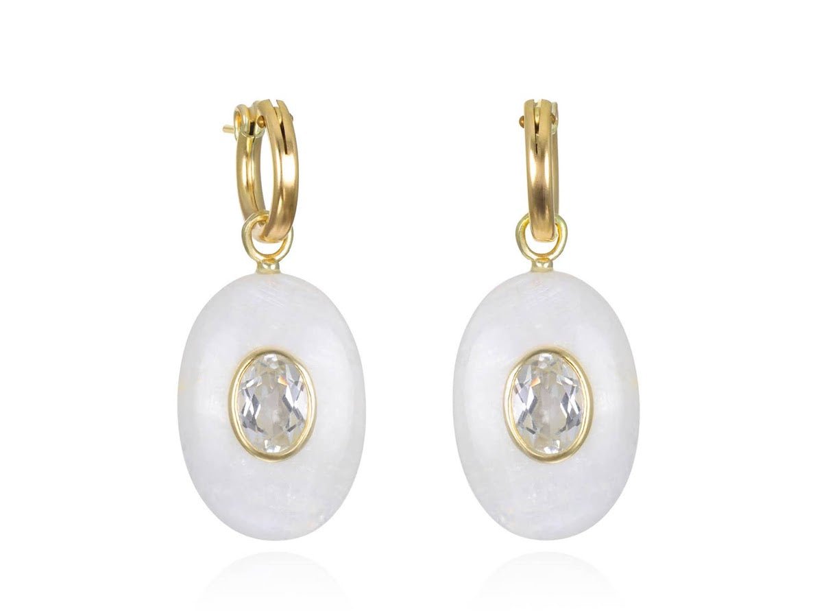 Rainbow Moonstone and Topaz Oval Huggie Hoops
