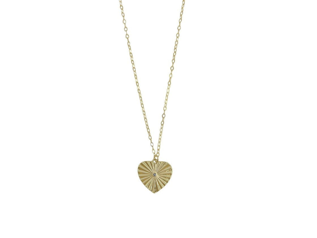 Gold Rayed Heart Necklace with CZ