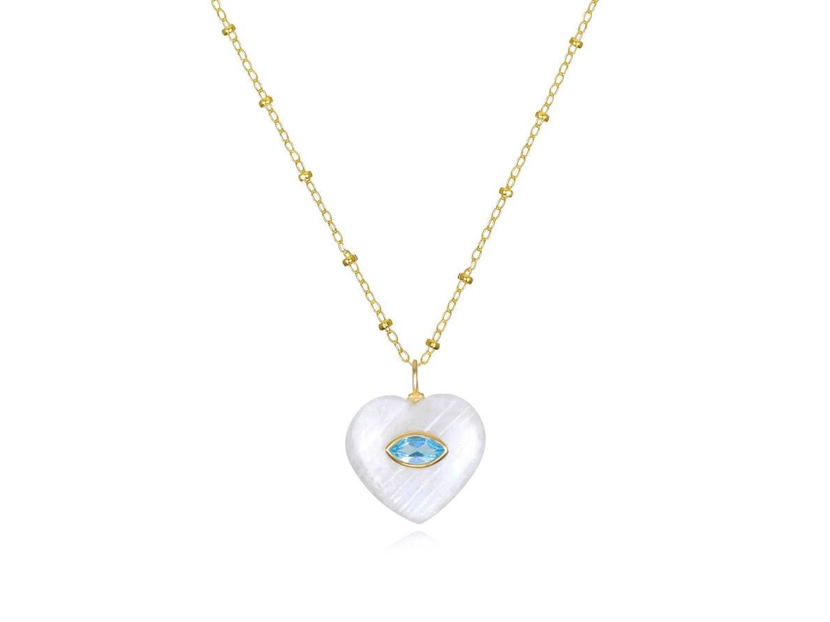 Rainbow Moonstone and Blue Topaz Heart Charm Necklace