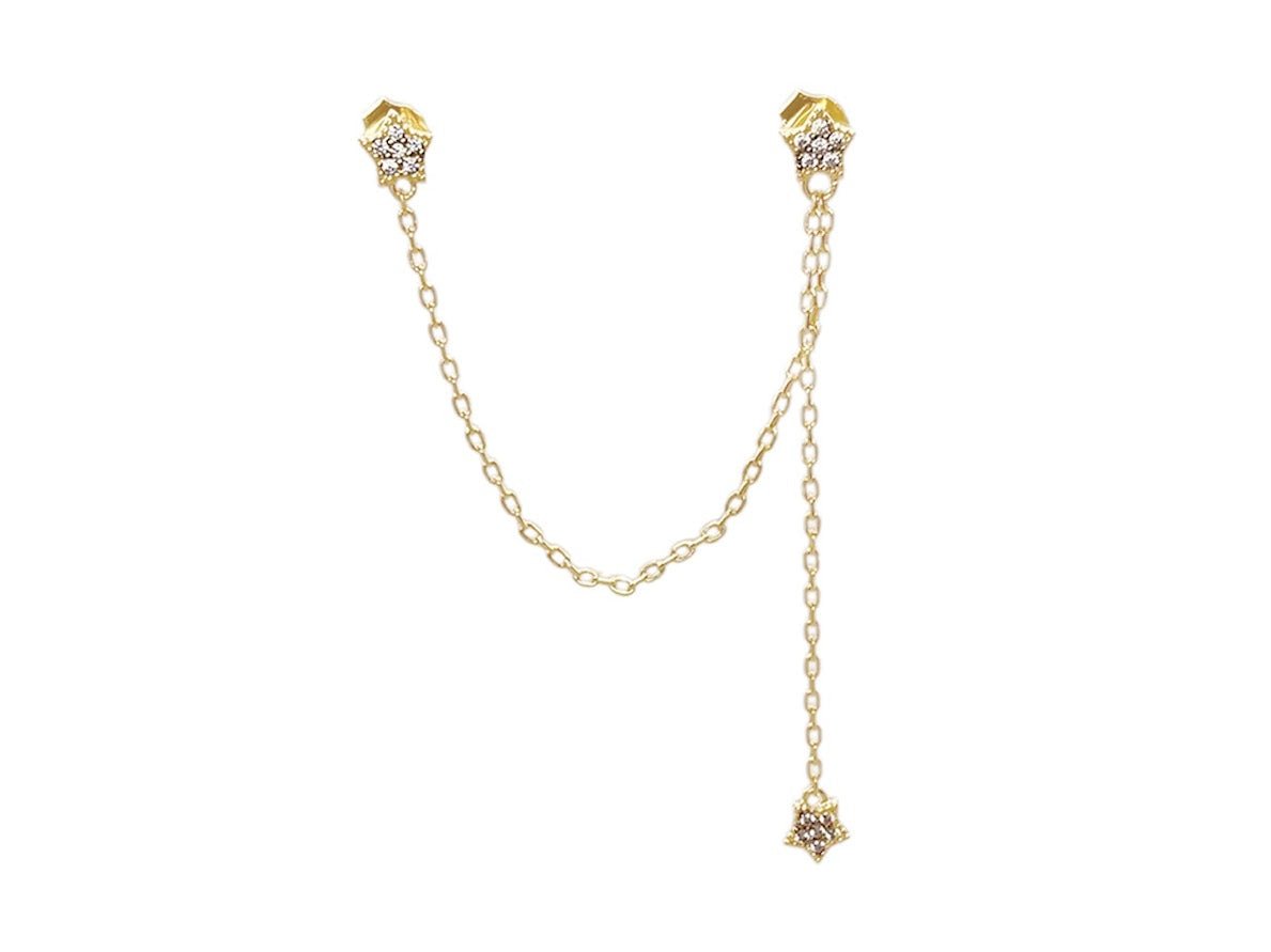 Gold Triple CZ Star and Chain Earring.