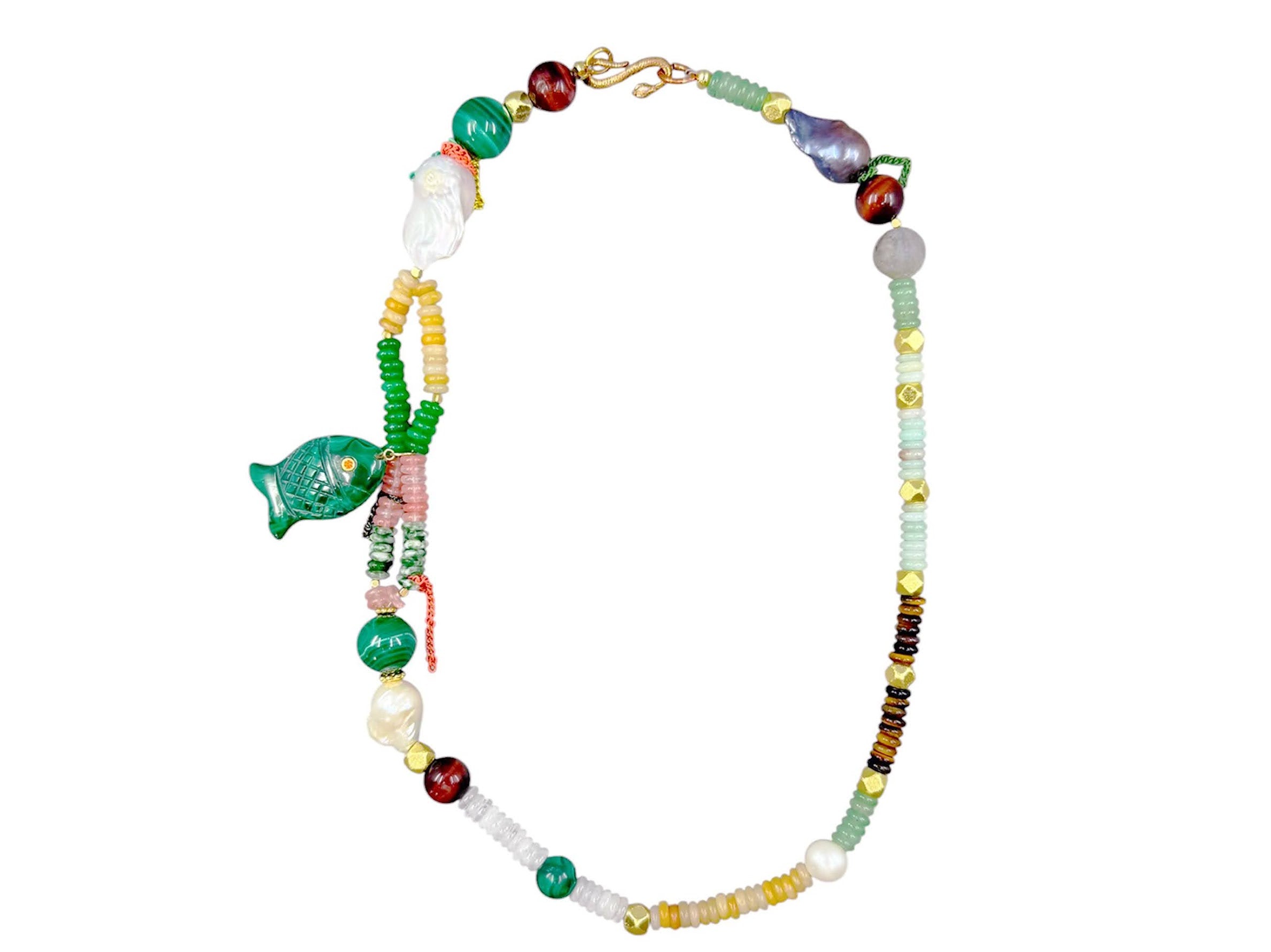 Gemstone and Pearl Necklce with Malachite Fish Pendant