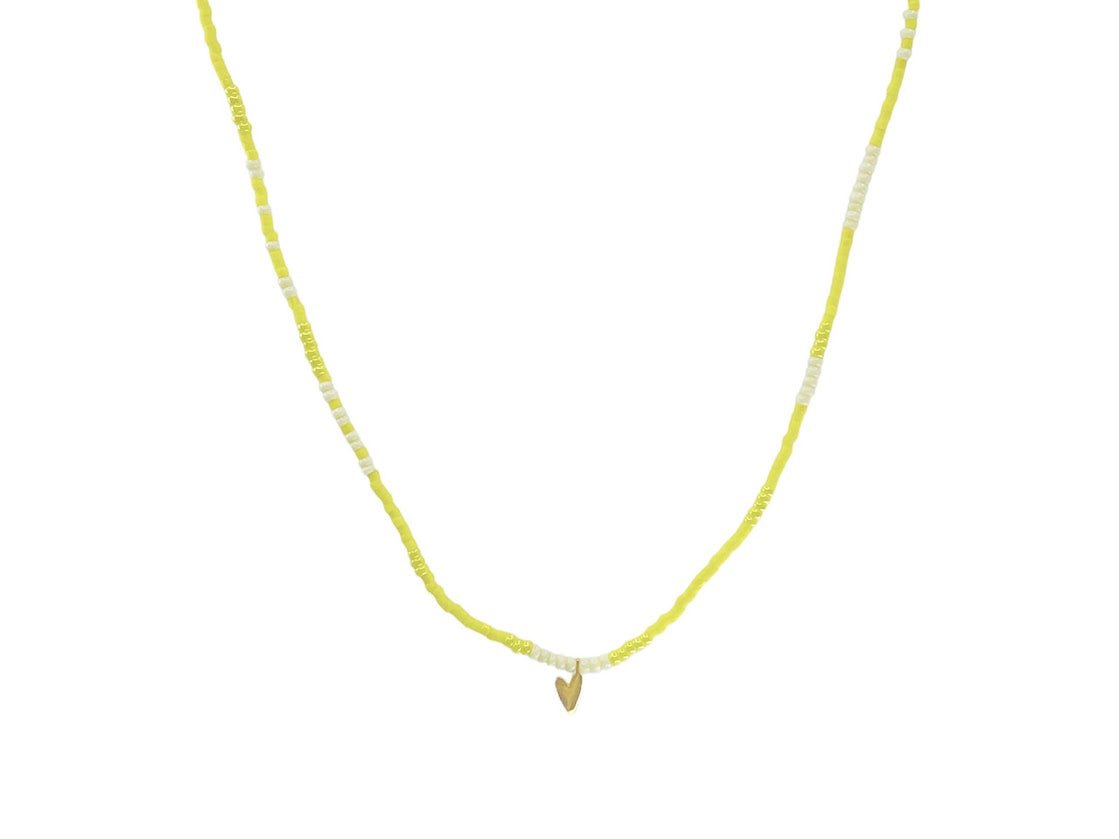 Yellow and Ivory Beaded Necklace with Heart Charm