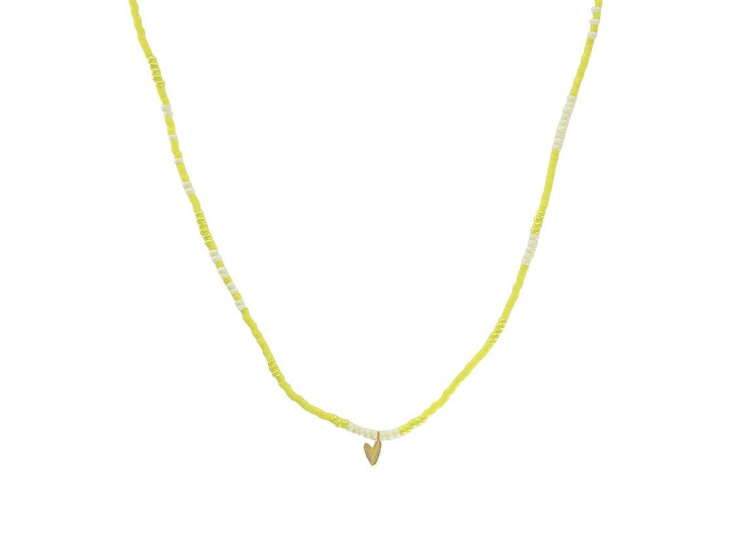 Yellow and Ivory Beaded Necklace with Heart Charm