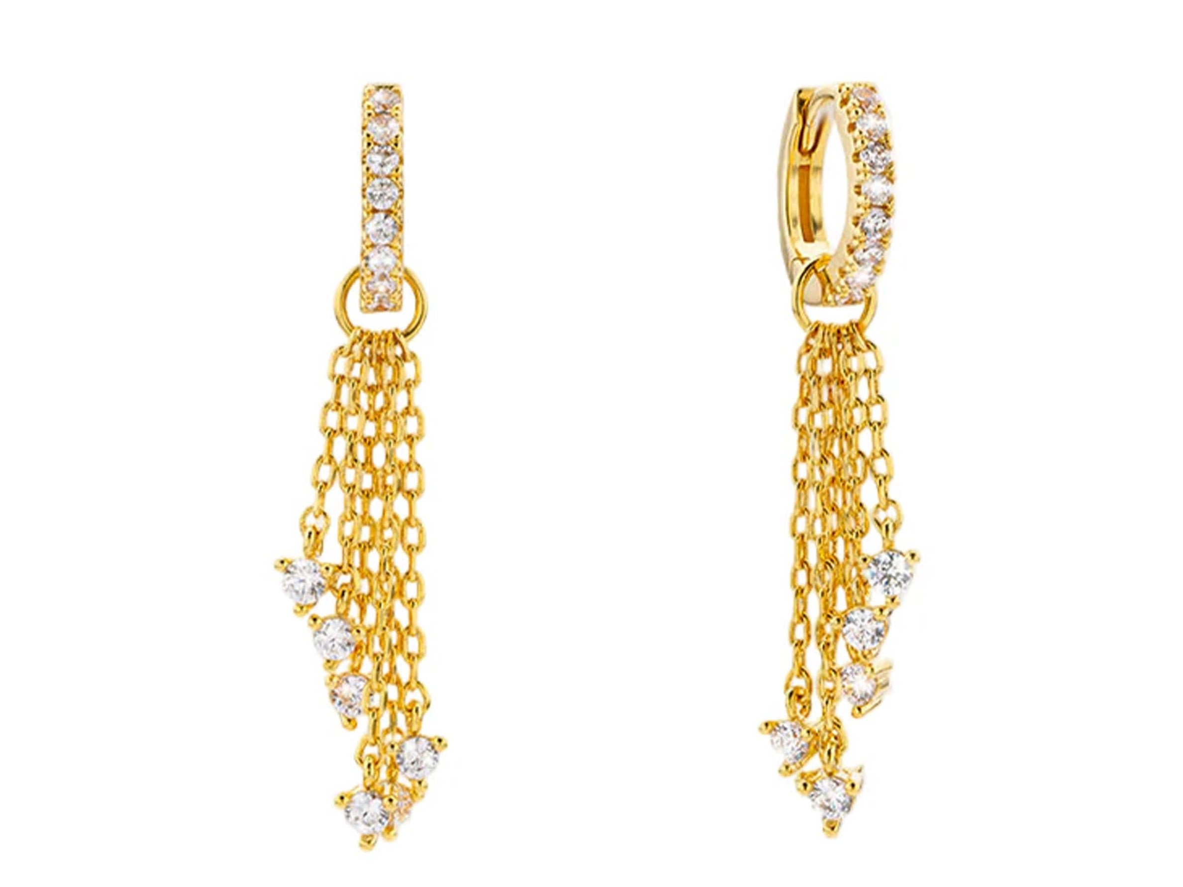 Gold CZ Huggie Hoops with Dangling CZ Chains